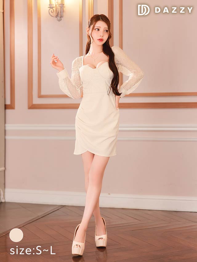 ビスチェモチーフスパンコールレース長袖タイトミニドレス[SML/3サイズ展開]