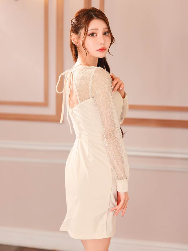 ビスチェモチーフスパンコールレース長袖タイトミニドレス[SML/3サイズ展開]