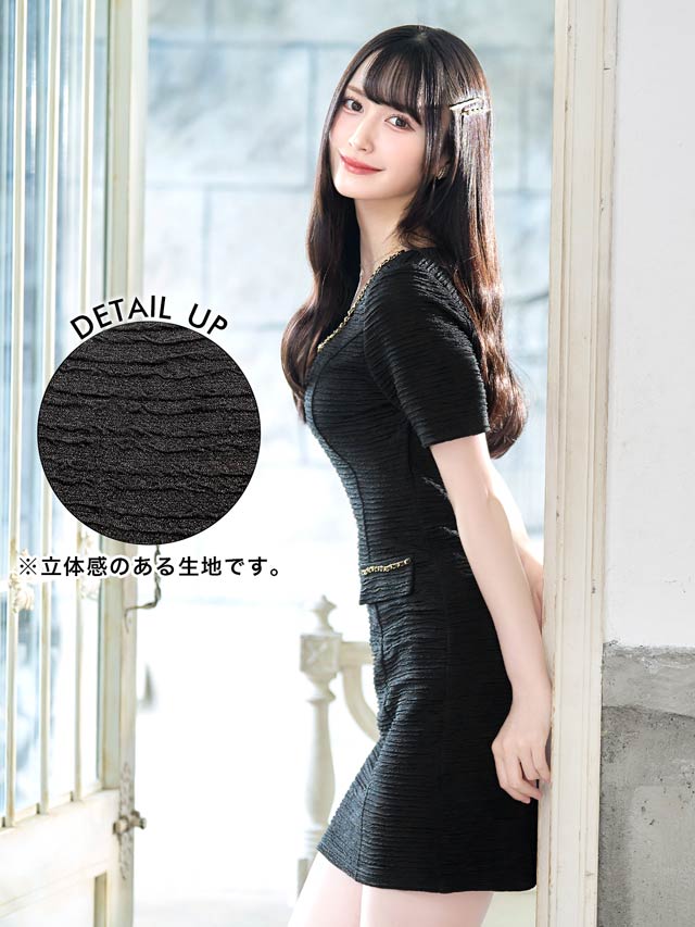 チェーンネックフェイクポケット半袖タイトミニドレス[XS~LL/5サイズ展開][プチプラドレス]