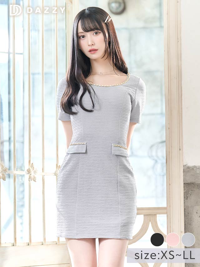 チェーンネックフェイクポケット半袖タイトミニドレス[XS~LL/5サイズ展開][プチプラドレス]