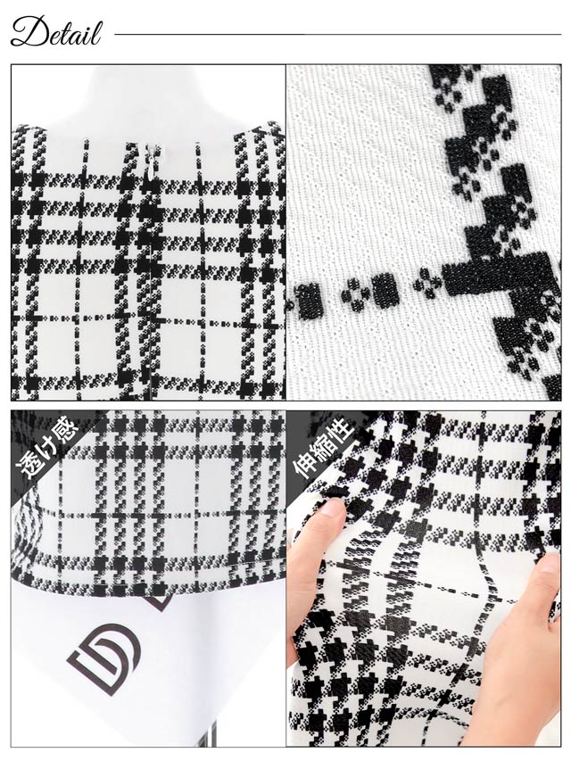 モノトーン千鳥格子パールビジュー半袖タイトミニドレス[XS~LL/5サイズ展開]