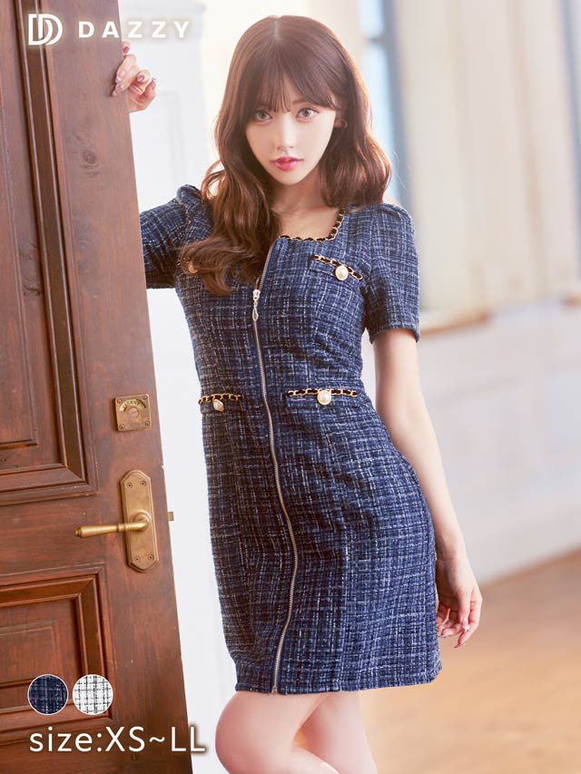 5/1再入荷! ツイードスクエアチェーンパールフロントジップ半袖タイトミニドレス[XS~LL/5サイズ展開]