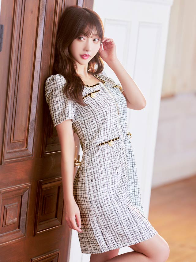 5/1再入荷! ツイードスクエアチェーンパールフロントジップ半袖タイトミニドレス[XS~LL/5サイズ展開]