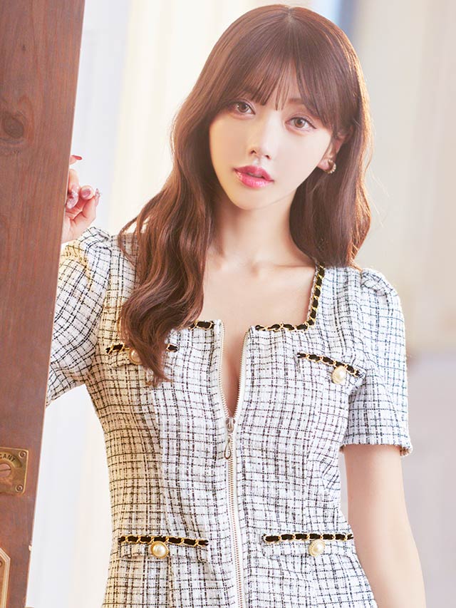 5/1再入荷! ツイードスクエアチェーンパールフロントジップ半袖タイトミニドレス[XS~LL/5サイズ展開]