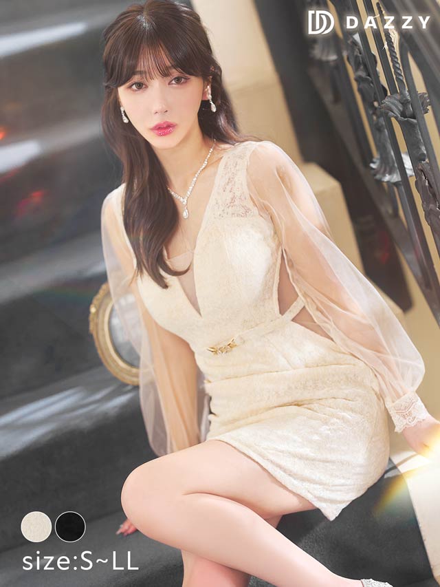 フラワーレースドッキングシアーベルトモチーフ長袖タイトミニドレス[S~LL/4サイズ展開]