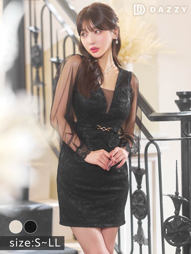 フラワーレースドッキングシアーベルトモチーフ長袖タイトミニドレス[S~LL/4サイズ展開]