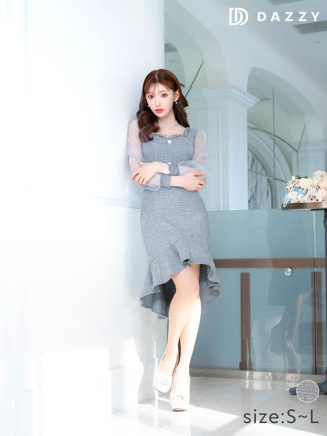 ツイードチェーンビジューシフォン長袖フィッシュテールミニドレス[SML/3サイズ展開][明日花キララ着用]