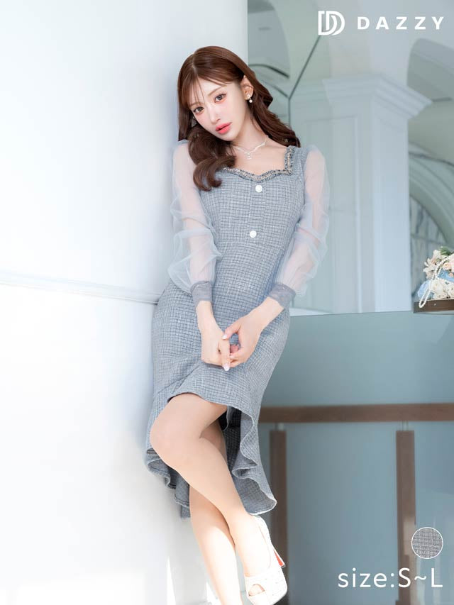 ツイードチェーンビジューシフォン長袖フィッシュテールミニドレス[SML/3サイズ展開][明日花キララ着用]