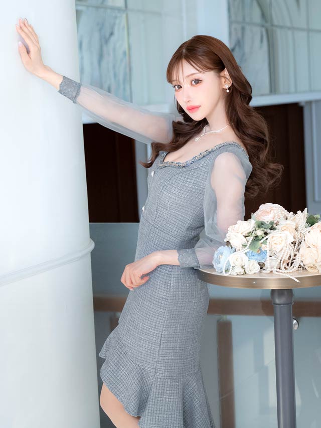 ツイードチェーンビジューシフォン長袖フィッシュテールミニドレス[SML/3サイズ展開][明日花キララ着用]