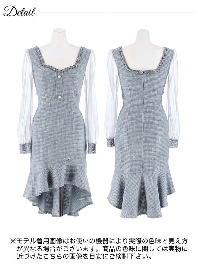 ツイードチェーンビジューシフォン長袖フィッシュテールミニドレス[SML/3サイズ展開][明日花キララ着用]