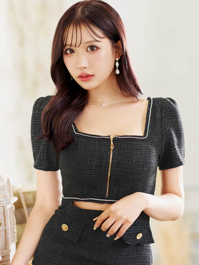 8/26再入荷!  スクエアネックツイードビジューフロントジップウエストカット半袖タイトミニドレス[XS~L/4サイズ展開][伊藤桃々着用]