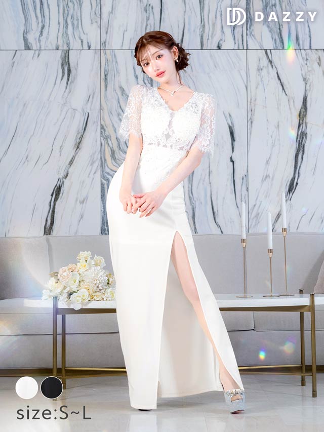 5/8再入荷!フラワー刺繍シアーレース五分袖スリットタイトロングドレス [SML/3サイズ展開][明日花キララ着用]