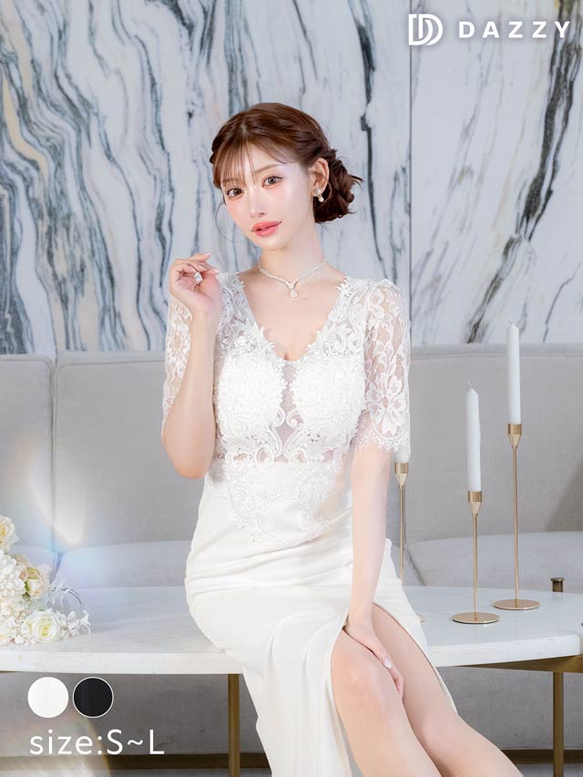 5/8再入荷!フラワー刺繍シアーレース五分袖スリットタイトロングドレス [SML/3サイズ展開][明日花キララ着用]