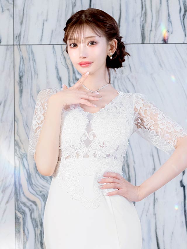 5/8再入荷!フラワー刺繍シアーレース五分袖スリットタイトロングドレス [SML/3サイズ展開][明日花キララ着用]