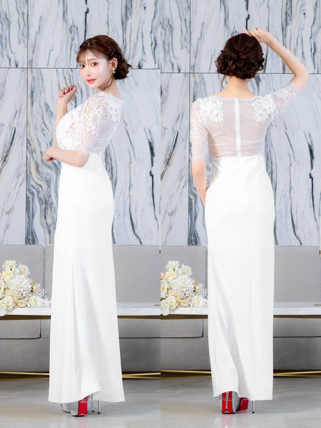 5/8再入荷!フラワー刺繍シアーレース五分袖スリットタイトロングドレス [SML/3サイズ展開][明日花キララ着用]