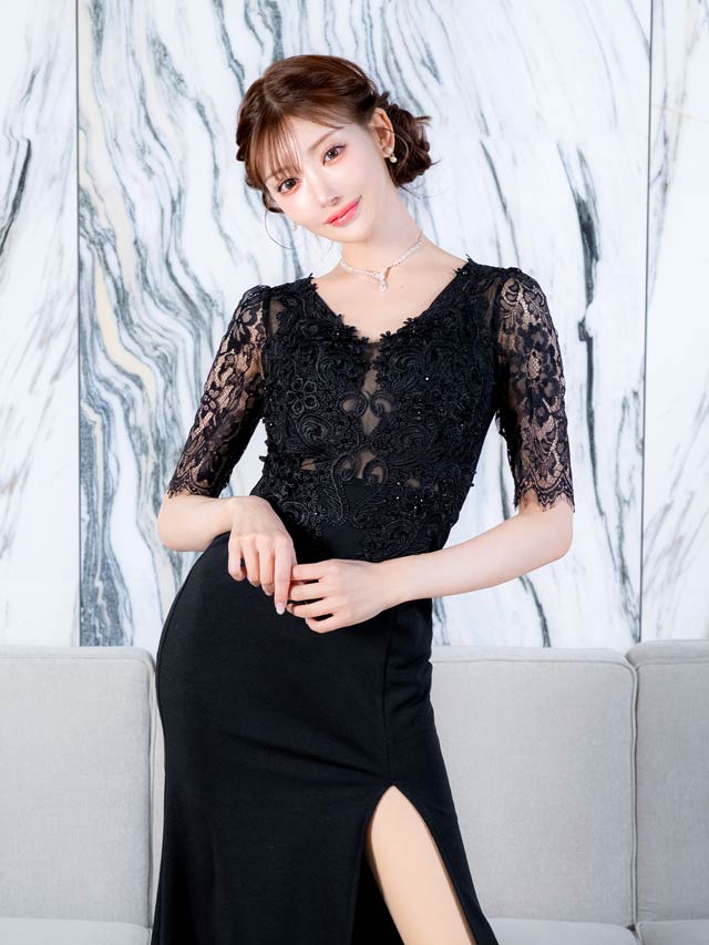 5/8再入荷!フラワー刺繍シアーレース五分袖スリットタイトロングドレス [SML/3サイズ展開][明日花キララ着用]