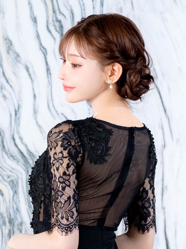 5/8再入荷!フラワー刺繍シアーレース五分袖スリットタイトロングドレス [SML/3サイズ展開][明日花キララ着用]