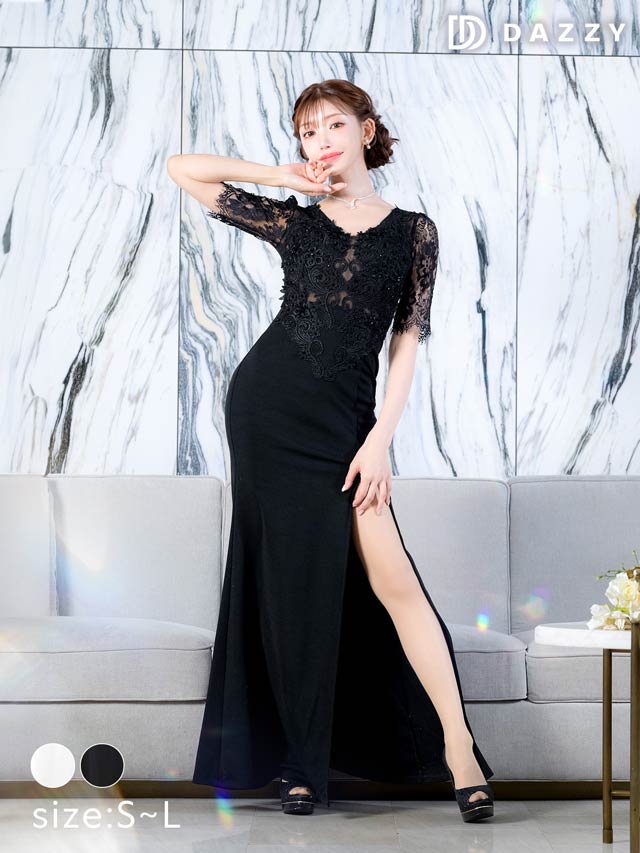 5/8再入荷!フラワー刺繍シアーレース五分袖スリットタイトロングドレス [SML/3サイズ展開][明日花キララ着用]