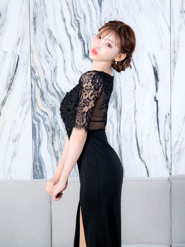 5/8再入荷!フラワー刺繍シアーレース五分袖スリットタイトロングドレス [SML/3サイズ展開][明日花キララ着用]