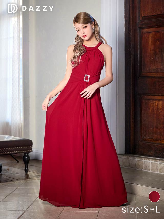 ワンカラーアメスリビジューバックルAラインロングドレス[SML/3サイズ展開]