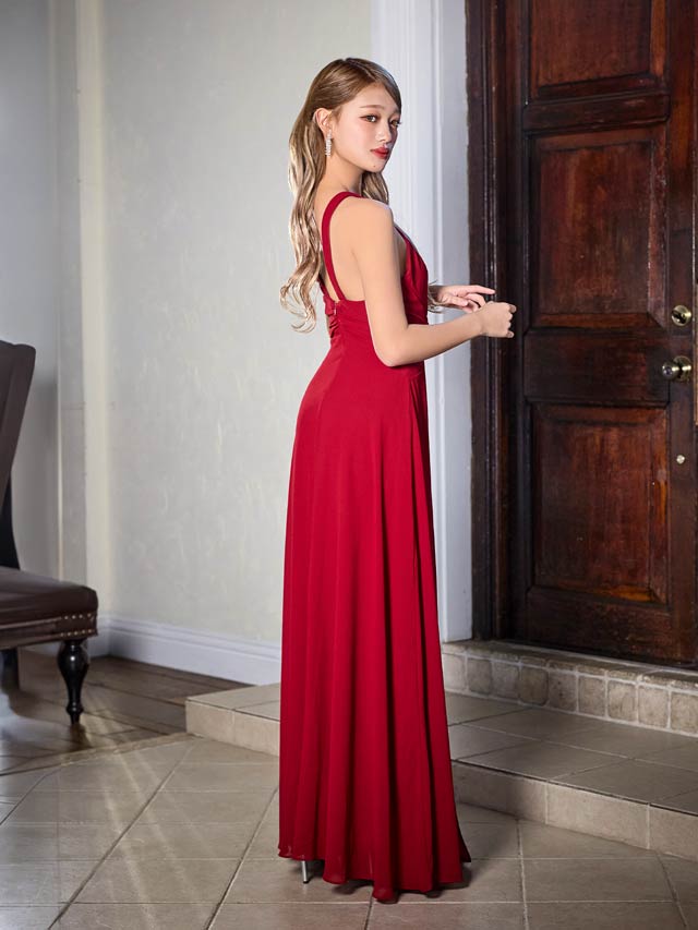 ワンカラーアメスリビジューバックルAラインロングドレス[SML/3サイズ展開]