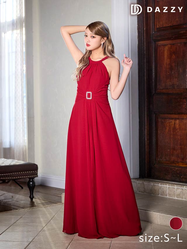 ワンカラーアメスリビジューバックルAラインロングドレス[SML/3サイズ展開]