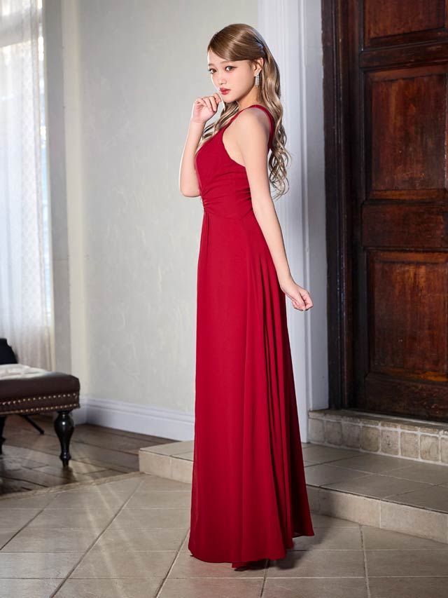 ワンカラーアメスリビジューバックルAラインロングドレス[SML/3サイズ展開]