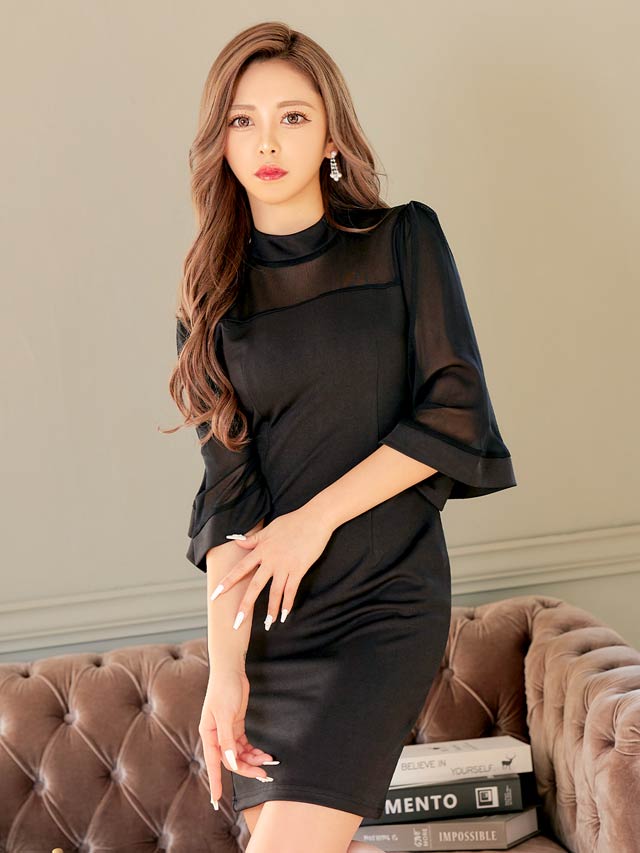 5/20再入荷! ワンカラーハイネックシアーフレア袖タイトミニドレス[S〜LL/4サイズ展開][プチプラドレス]