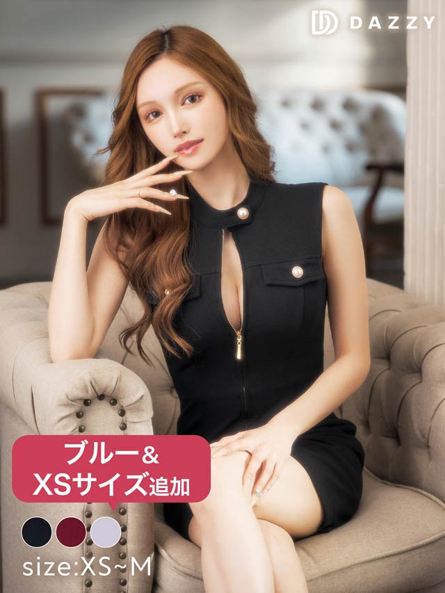 5/20再入荷! ハイネックフロントジップパールビジューノースリーブタイトミニドレス[XS〜M/3サイズ展開]