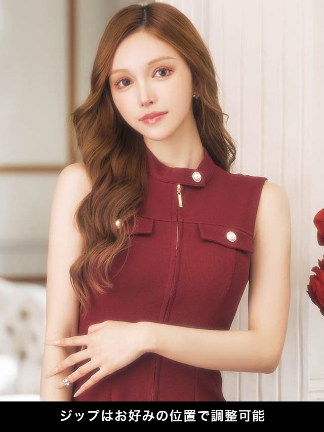 5/20再入荷! ハイネックフロントジップパールビジューノースリーブタイトミニドレス[XS〜M/3サイズ展開]