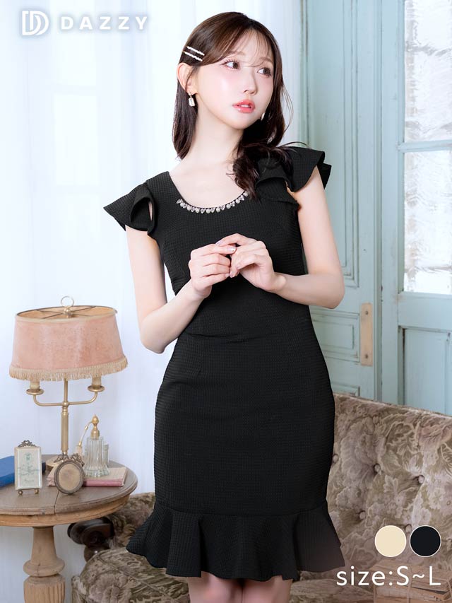 ツイードビジューバックオープンフリルマーメイド膝丈ドレス[SML/3サイズ展開]