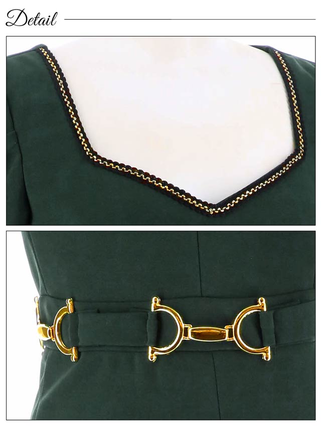 [SMLサイズ]スクエアネックビットベルトモチーフ半袖タイトミニドレス[3サイズ展開]