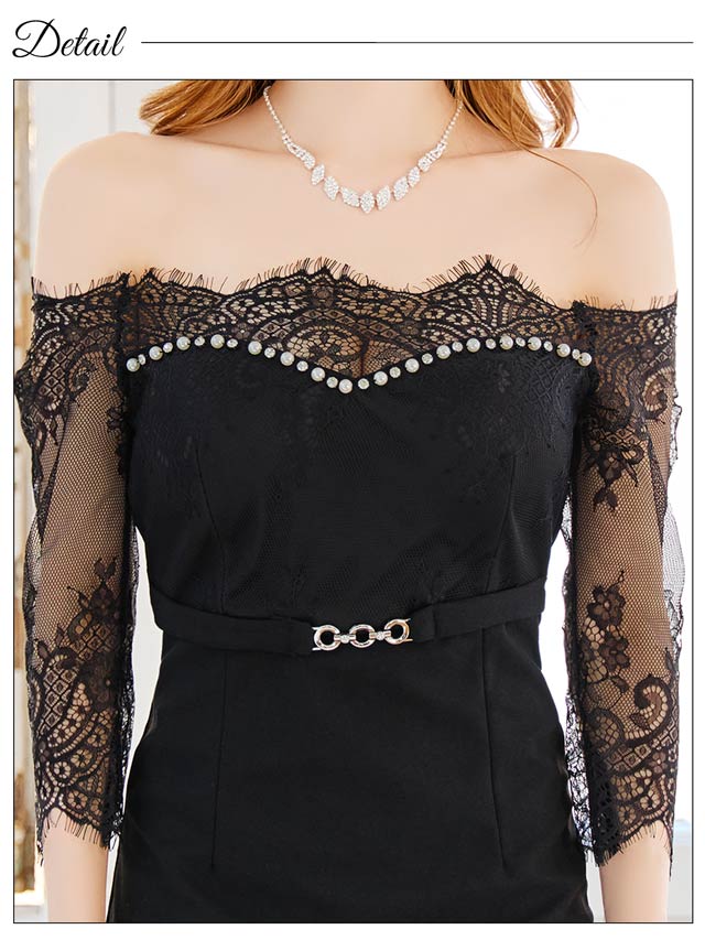 オフショルレースパールビジューベルトモチーフタイトミニドレス[SML/3サイズ展開]