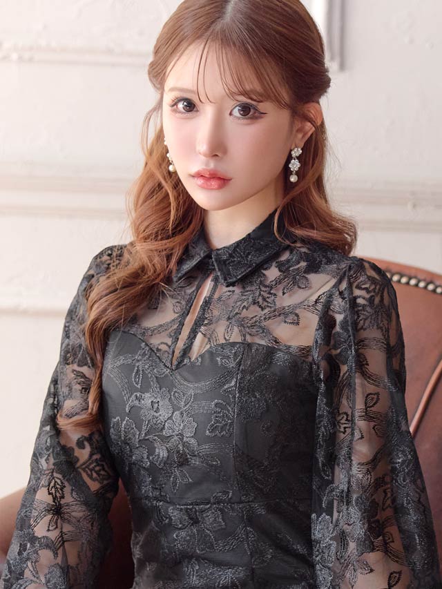 [SMLサイズ]フラワー刺繍レース襟付きロングスリーブマーメイドミニドレス[3サイズ展開][伊藤桃々着用]