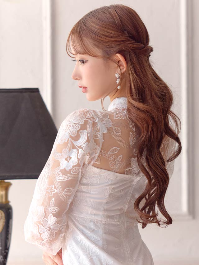 [SMLサイズ]フラワー刺繍レース襟付きロングスリーブマーメイドミニドレス[3サイズ展開][伊藤桃々着用]