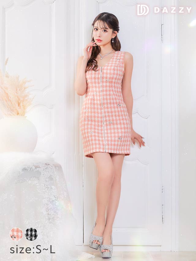 [SMLサイズ]ギンガムチェックツイードビジューファスナータイトミニドレス[3サイズ展開][伊藤桃々着用]