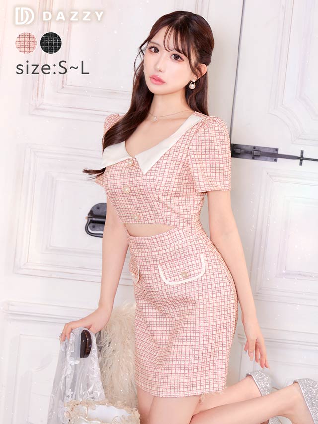 襟付きチェックパールビジューウエストカット半袖タイトミニドレス[SML/3サイズ展開][伊藤桃々着用]