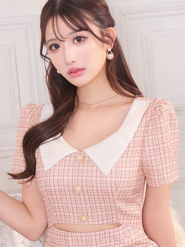 襟付きチェックパールビジューウエストカット半袖タイトミニドレス[SML/3サイズ展開][伊藤桃々着用]