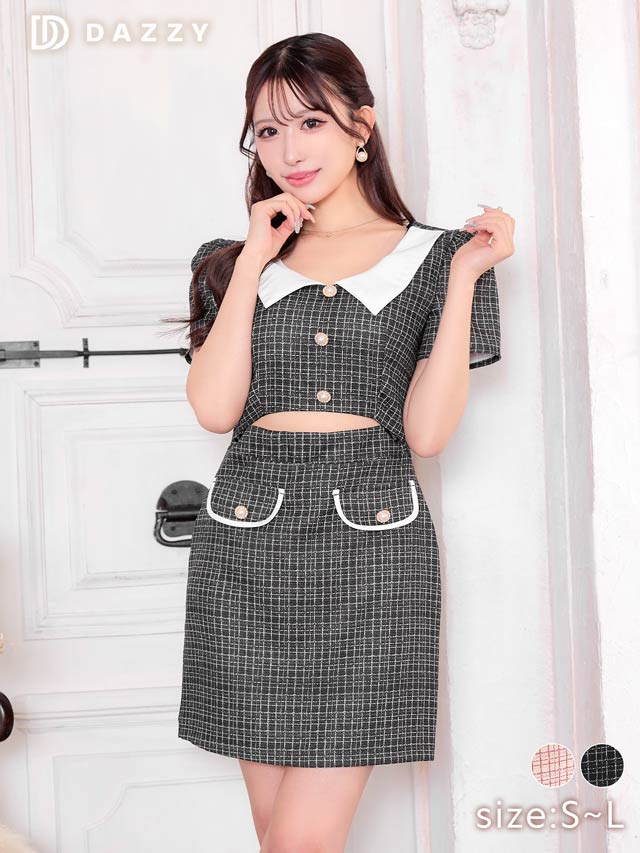 襟付きチェックパールビジューウエストカット半袖タイトミニドレス[SML/3サイズ展開][伊藤桃々着用]