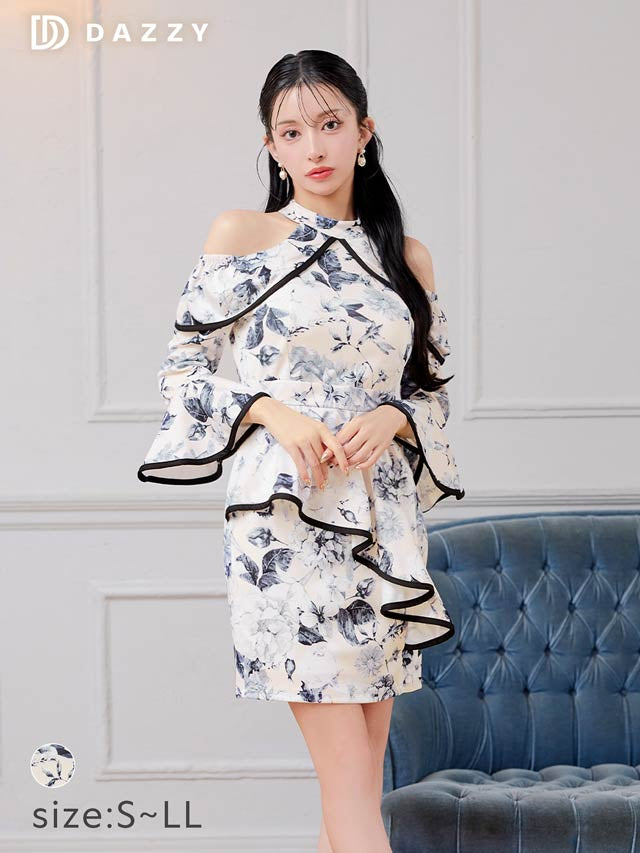 6/18新作!パイピングドレープフラワーペプラムオープンショルダータイトミニドレス[S~LL/4サイズ展開]