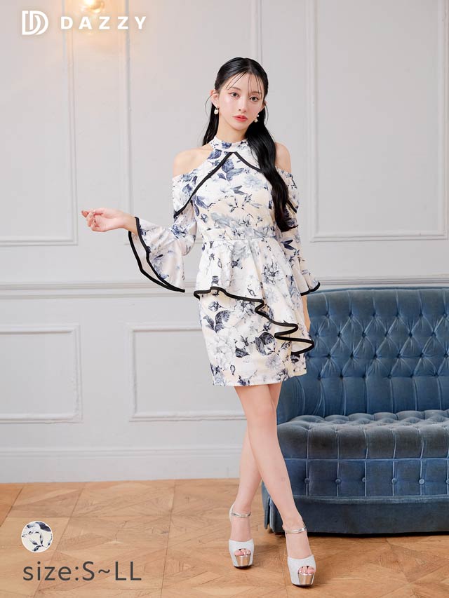 6/18新作!パイピングドレープフラワーペプラムオープンショルダータイトミニドレス[S~LL/4サイズ展開]