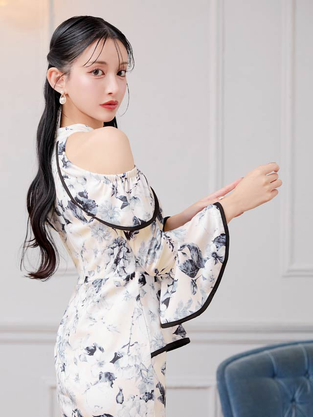 6/18新作!パイピングドレープフラワーペプラムオープンショルダータイトミニドレス[S~LL/4サイズ展開]