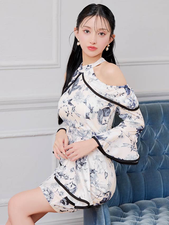 6/18新作!パイピングドレープフラワーペプラムオープンショルダータイトミニドレス[S~LL/4サイズ展開]