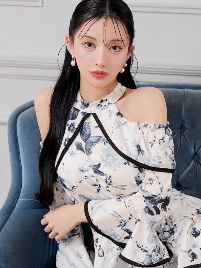 6/18新作!パイピングドレープフラワーペプラムオープンショルダータイトミニドレス[S~LL/4サイズ展開]