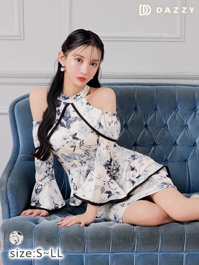 6/18新作!パイピングドレープフラワーペプラムオープンショルダータイトミニドレス[S~LL/4サイズ展開]