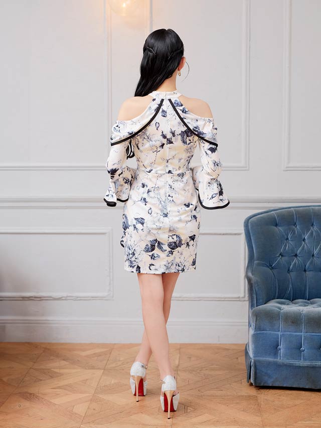 6/18新作!パイピングドレープフラワーペプラムオープンショルダータイトミニドレス[S~LL/4サイズ展開]