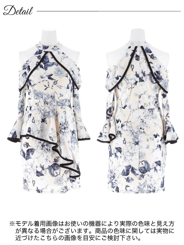 6/18新作!パイピングドレープフラワーペプラムオープンショルダータイトミニドレス[S~LL/4サイズ展開]