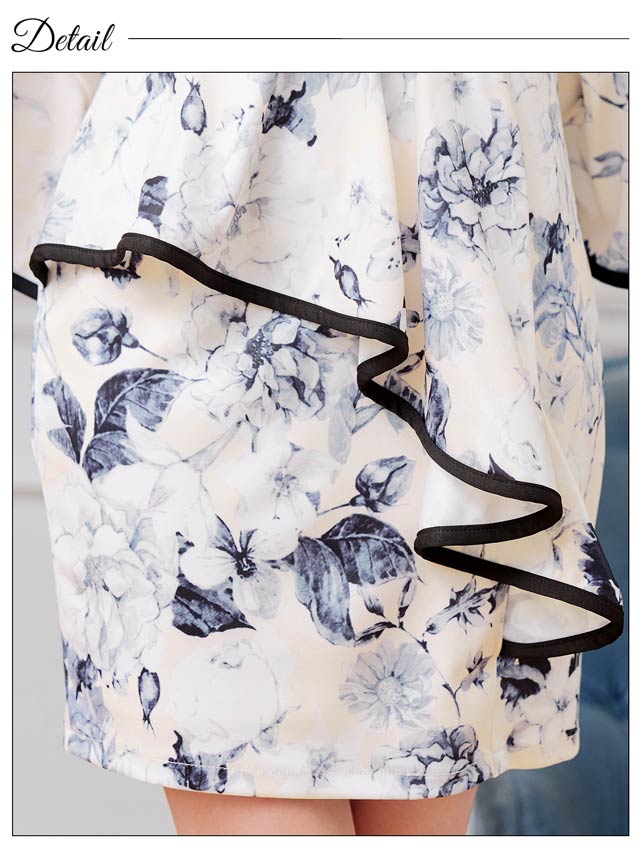 6/18新作!パイピングドレープフラワーペプラムオープンショルダータイトミニドレス[S~LL/4サイズ展開]