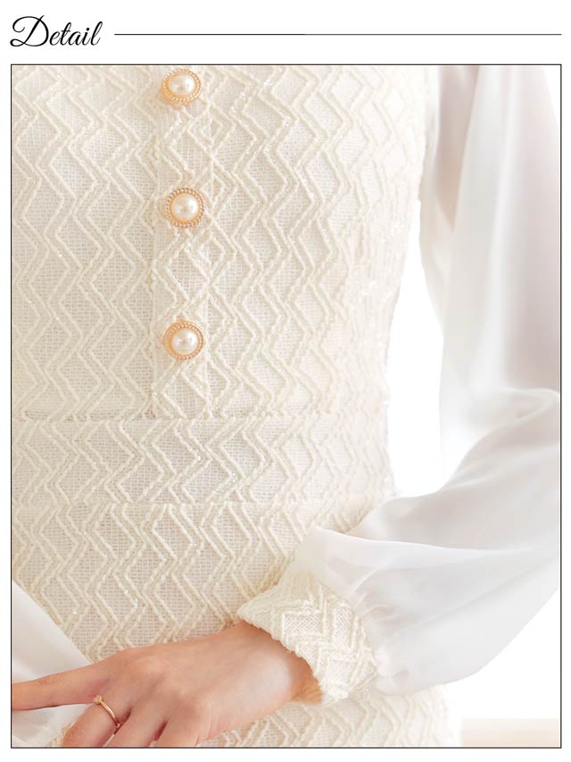 ジオメトリックツイードシフォン長袖イトミニドレス[SML/3サイズ展開]