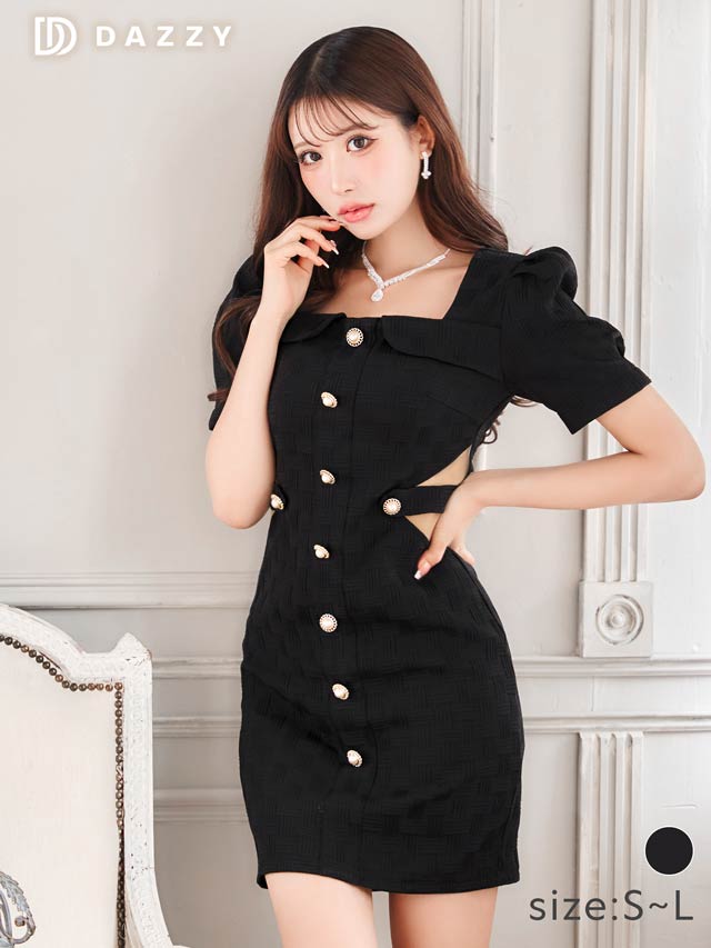 6/11新作!パールビジューサイドシアーベルトモチーフパフスリーブタイトミニドレス[SML/3サイズ展開][伊藤桃々着用]